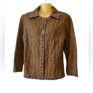 Blue Plate Quilted Jacket Floral Paisley Front Snap Lightweight Brown Large